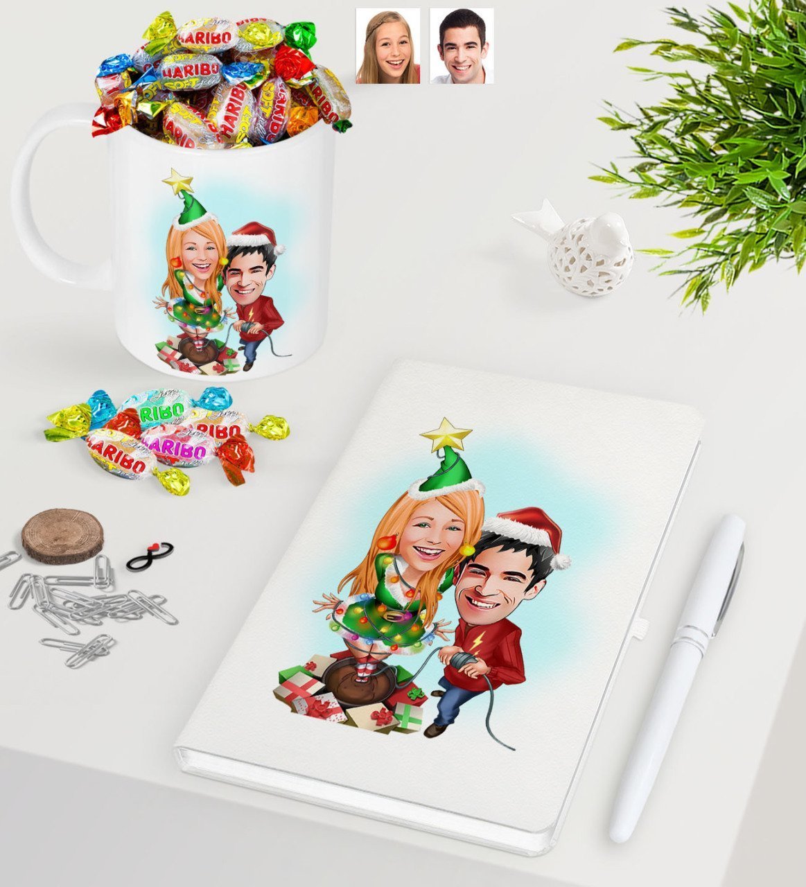 Kişiye Özel Yeni Yıl Sevgililer Karikatürlü Beyaz Defter Kalem Kupa ve Haribo Şeker Hediye Seti-1