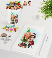 Kişiye Özel Yeni Yıl Sevgililer Karikatürlü Beyaz Defter Kalem Kupa ve Haribo Şeker Hediye Seti-1