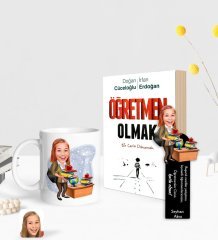 Kişiye Özel Kadın Öğretmen Karikatürlü Beyaz Kupa Ahşap Kitap Ayracı ve Öğretmen Olmak Kitabı Hediye Seti-4