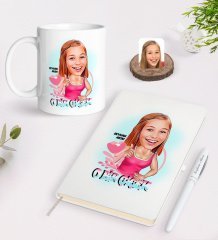 Kişiye Özel Kadınlar Günü Karikatürlü Beyaz Defter Kalem ve Kupa Seti-4