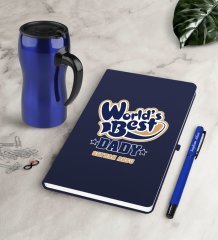Kişiye Özel Dünyanın En İyi Babası Lacivert Defter Kalem Termos Mug Seti-3