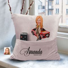 BK Gift Kişiye Özel Anne Karikatür Tasarımlı Organizer Kumanda ve Atıştırmalık Cepli Pembe Kırlent Yastık-2 Arkadaşa Hediye, Cepli Yastık