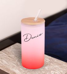 BK Gift İsimli Kırmızı Renk Pipetli Buzlu Cam Bardak 600ml - 8, Arkadaşa Hediye, Doğum Günü Hediyesi