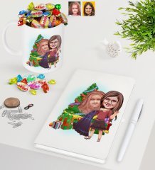 Kişiye Özel Yeni Yıl Kız Kardeşler Karikatürlü Beyaz Defter Kalem Kupa ve Haribo Şeker Hediye Seti-3