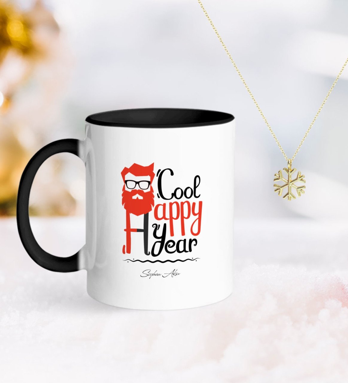 Kişiye Özel Noel Baba Siyah Kupa ve Kar Tanesi Kolye-3