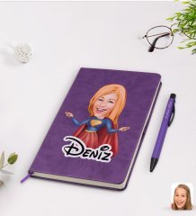 Kişiye Özel Süper Girl Karikatürlü Mor Termo Deri Defter Kalem Seti Model 1