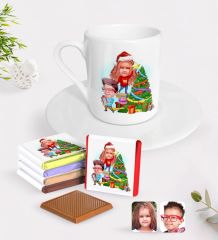 Kişiye Özel Yeni Yıl Kız Kardeş ve Erkek Kardeş Karikatürlü Türk Kahvesi Fincanı ve Çikolata Hediye Seti-1