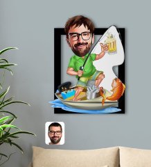 BK Gift Kişiye Özel Erkek Balıkçı Karikatürlü 3D Ahşap Tablo-2