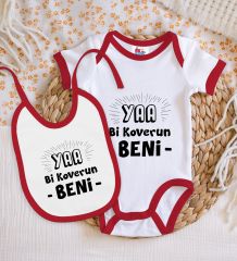 BK Kids Koverun Beni Tasarımlı Kırmızı Bebek Body Zıbın ve Mama Önlüğü Hediye Seti-1