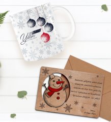 Kişiye Özel Happy New Year Kupa Bardak ve Retro Ahşap Yılbaşı Tebrik Kartı Hediye Seti-8D