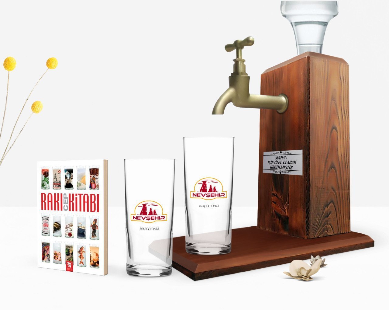 Kişiye Özel Renkli Baskılı Nevşehir Tasarımlı Turistik İkili Rakı Bardağı Ahşap Rakı Standı ve Cep Kitabı Hediye Seti-1