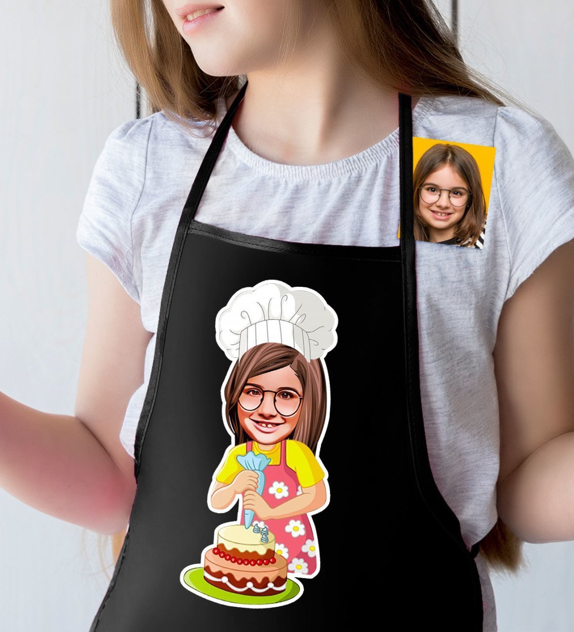 Kişiye Özel Küçük Şef Karikatürlü Kız Çocuk Siyah Mutfak Önlüğü-3