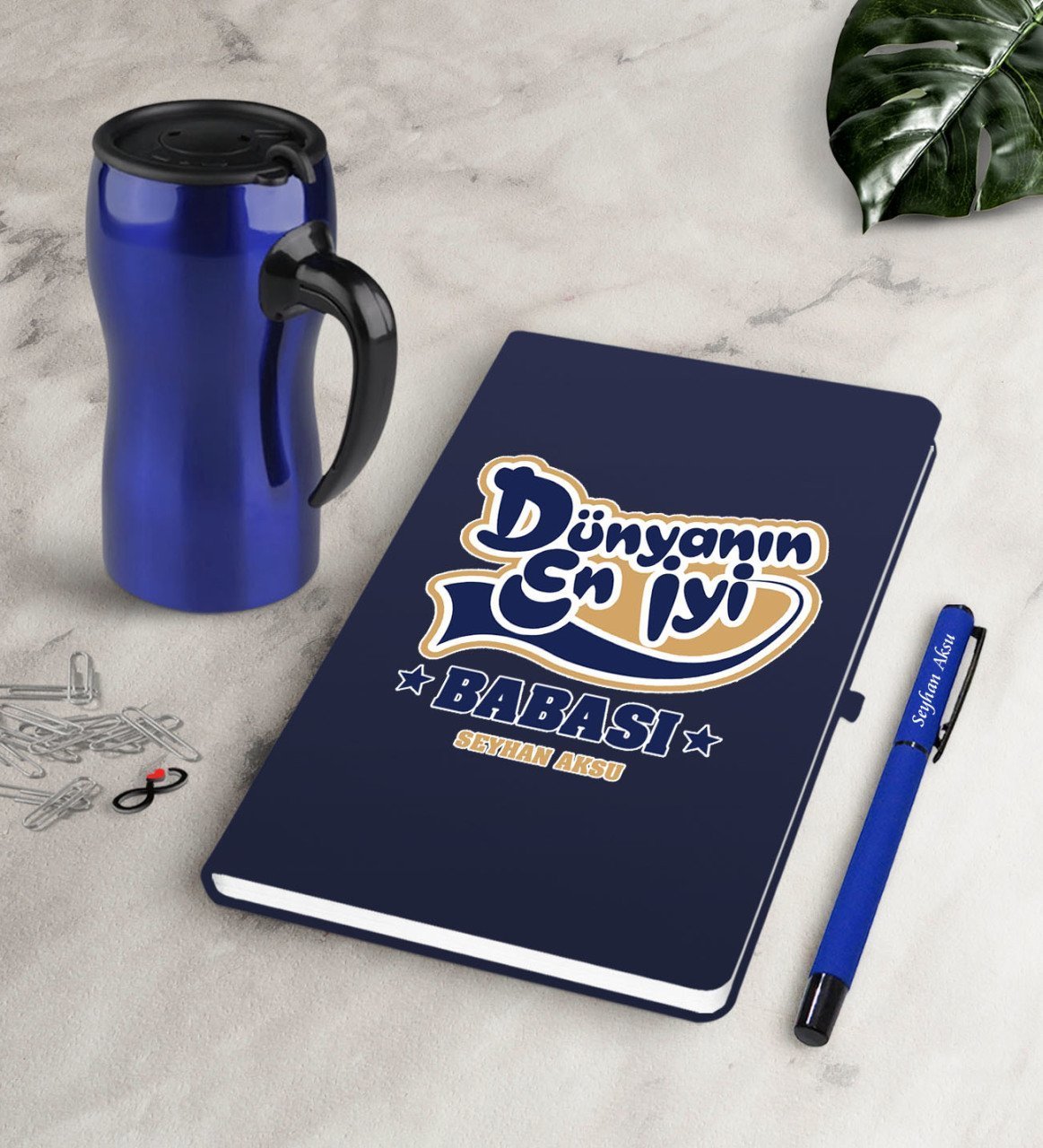Kişiye Özel Dünyanın En İyi Babası Lacivert Defter Kalem Termos Mug Seti-2