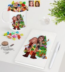 Kişiye Özel Yeni Yıl Kız Kardeşler Karikatürlü Beyaz Defter Kalem Kupa ve Haribo Şeker Hediye Seti-2