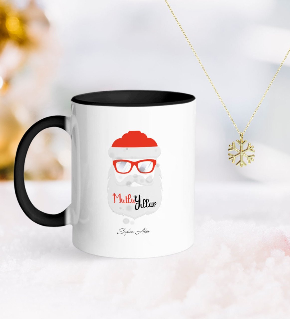 Kişiye Özel Noel Baba Siyah Kupa ve Kar Tanesi Kolye-2