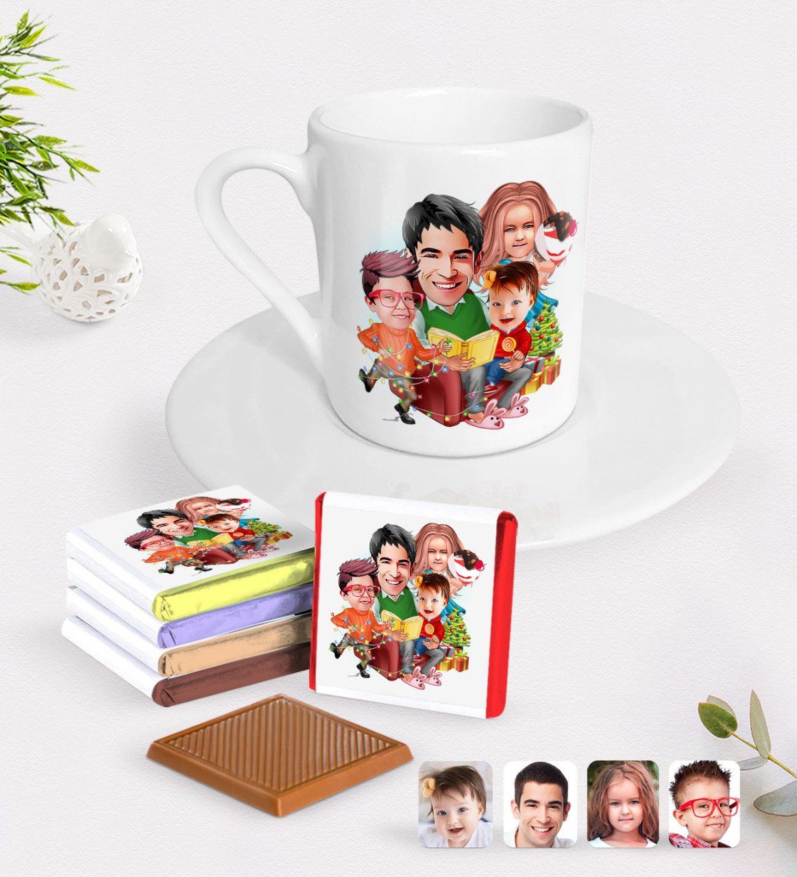 Kişiye Özel Yeni Yıl Aile Karikatürlü Türk Kahvesi Fincanı ve Çikolata Hediye Seti-6