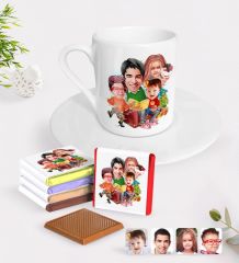 Kişiye Özel Yeni Yıl Aile Karikatürlü Türk Kahvesi Fincanı ve Çikolata Hediye Seti-6