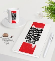 Kişiye Özel Dünyanın En İyi Öğretmeni Beyaz Defter Kalem Türk Kahvesi Fincanı Seti-1
