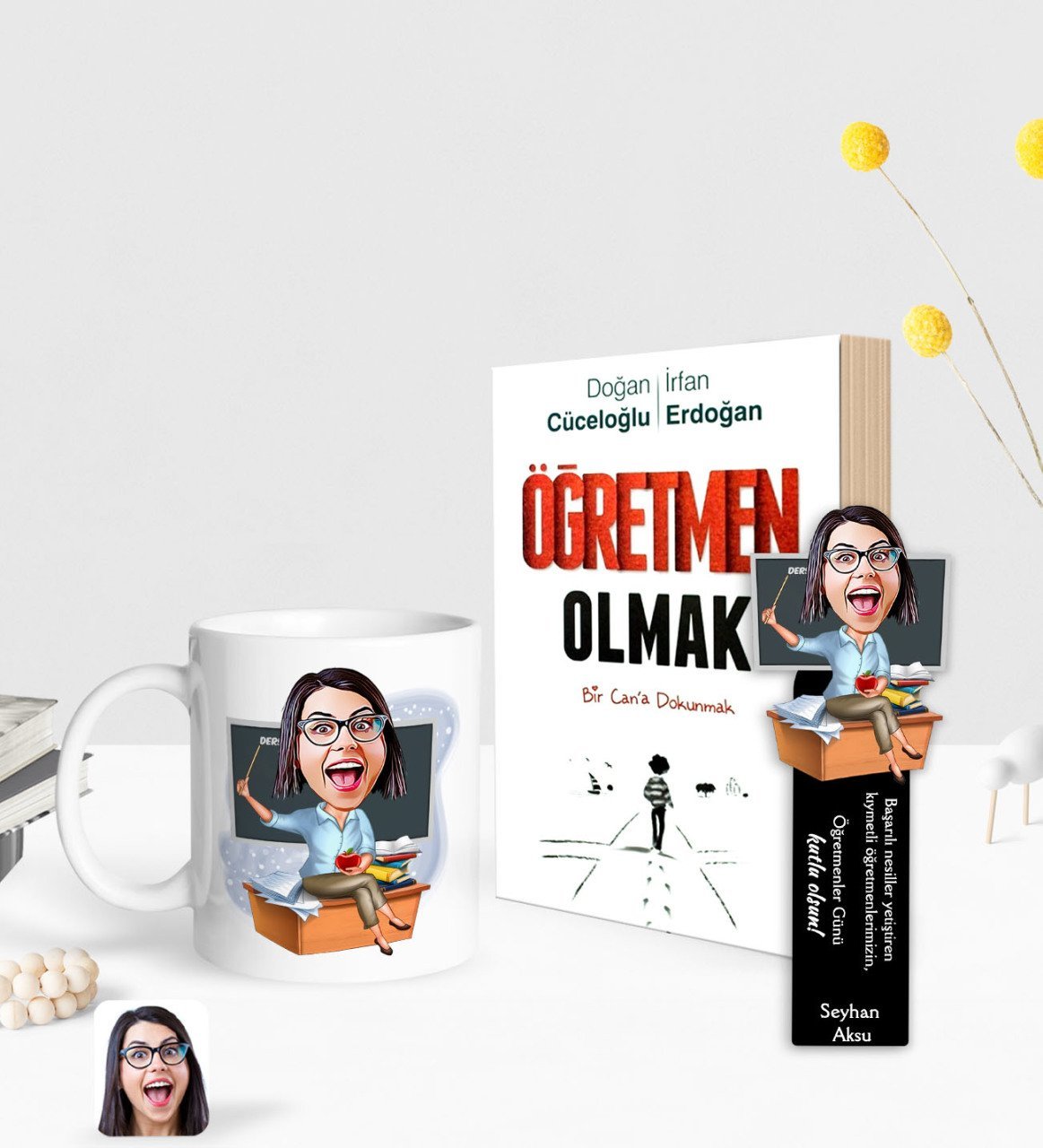 Kişiye Özel Kadın Öğretmen Karikatürlü Beyaz Kupa Ahşap Kitap Ayracı ve Öğretmen Olmak Kitabı Hediye Seti-2
