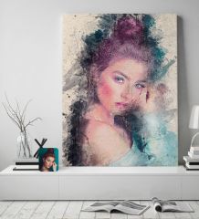 BK Gift Kişiye Özel Suluboya Kanvas Tablo 50x70cm, Suluboya Portresi, Duvar Dekoru, Arkadaşa Hediye, Sevgiliye Hediye, Ev ve Ofis Hediyesi