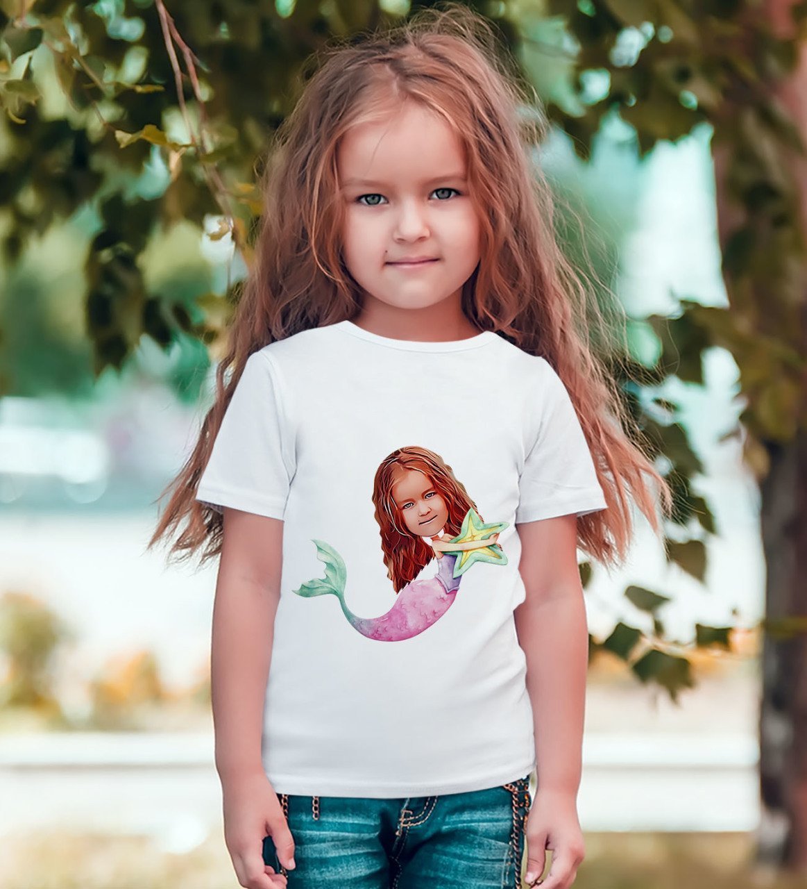 Kişiye Özel Deniz Kızı Karikatürlü Beyaz T-Shirt-1