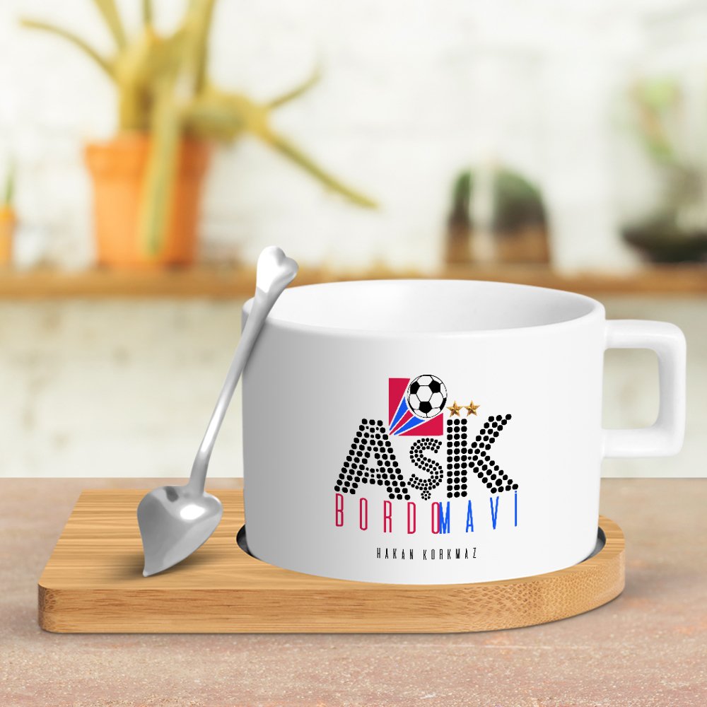 Kişiye Özel Aşk Bordo Mavi Ahşap Altlıklı Seramik Fincan
