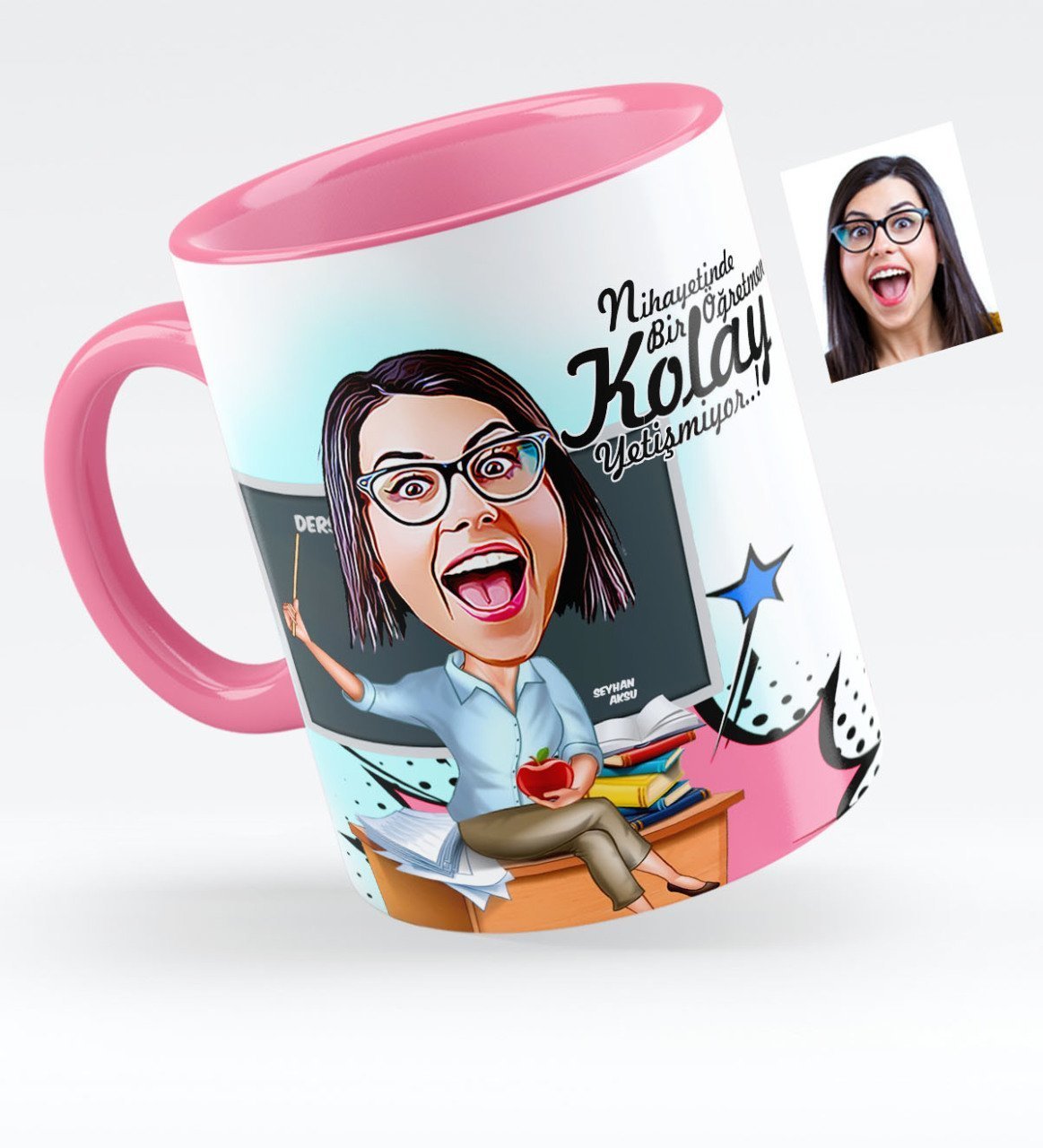 Kişiye Özel Bayan Öğretmen Karikatürlü Pembe Kupa Bardak - 2