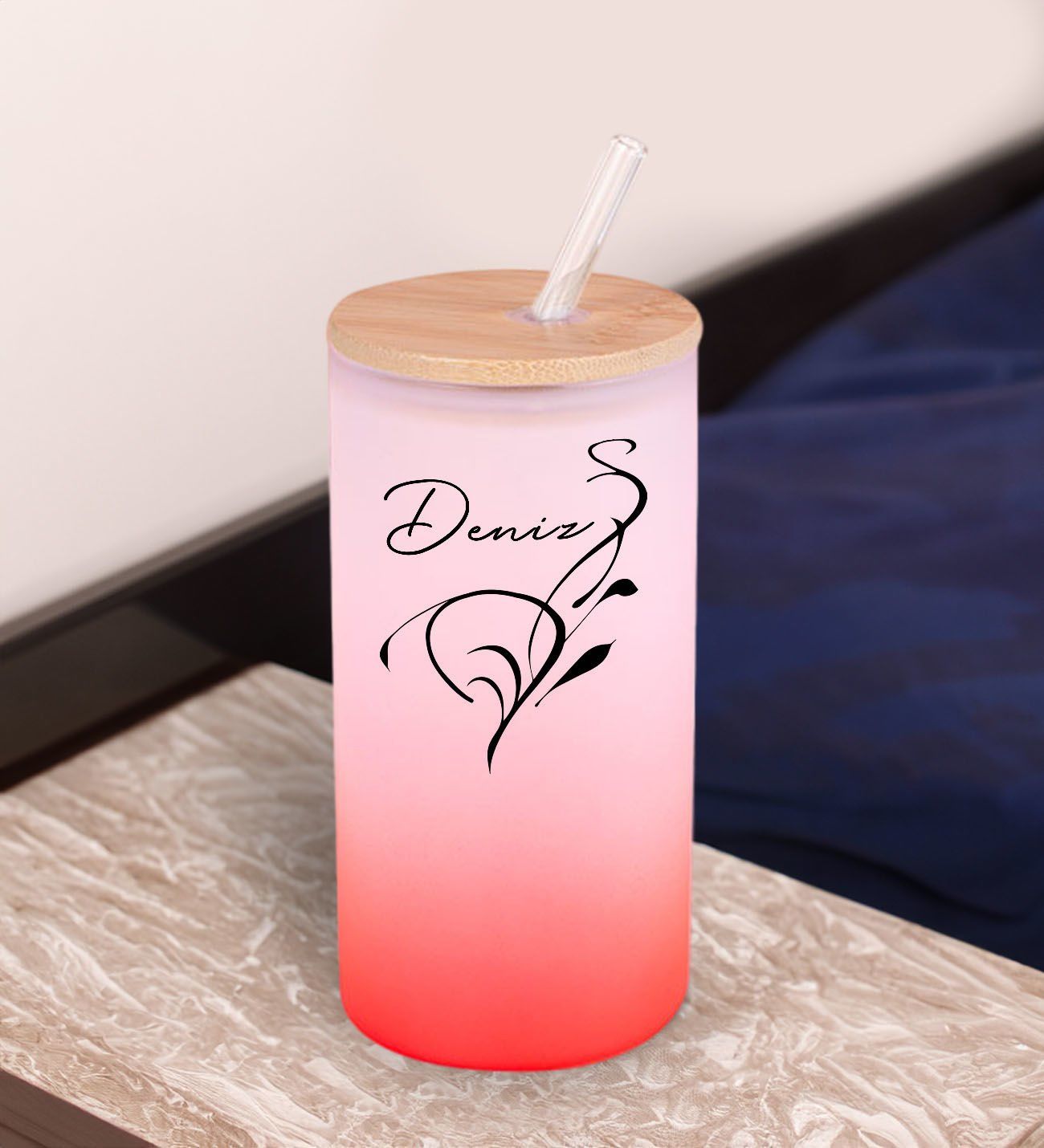 BK Gift İsimli Kırmızı Renk Pipetli Buzlu Cam Bardak 600ml - 6, Arkadaşa Hediye, Doğum Günü Hediyesi