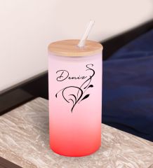 BK Gift İsimli Kırmızı Renk Pipetli Buzlu Cam Bardak 600ml - 6, Arkadaşa Hediye, Doğum Günü Hediyesi