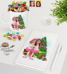 Kişiye Özel Yeni Yıl Kız Kardeşler Karikatürlü Beyaz Defter Kalem Kupa ve Haribo Şeker Hediye Seti-1