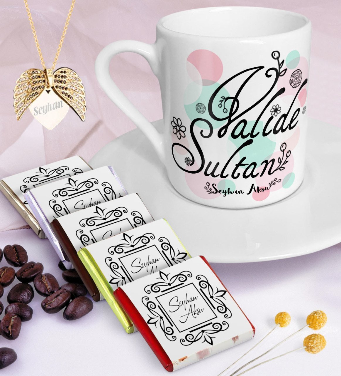 Kişiye Özel Valide Sultan Kahve Fincanı Çikolata Melek Kanadı Kolye Seti-3