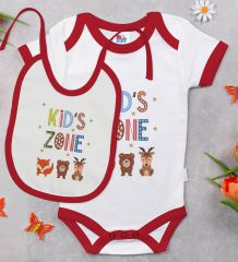 BK Kids Kids Zone Tasarımlı Kırmızı Bebek Body Zıbın ve Mama Önlüğü Hediye Seti-1