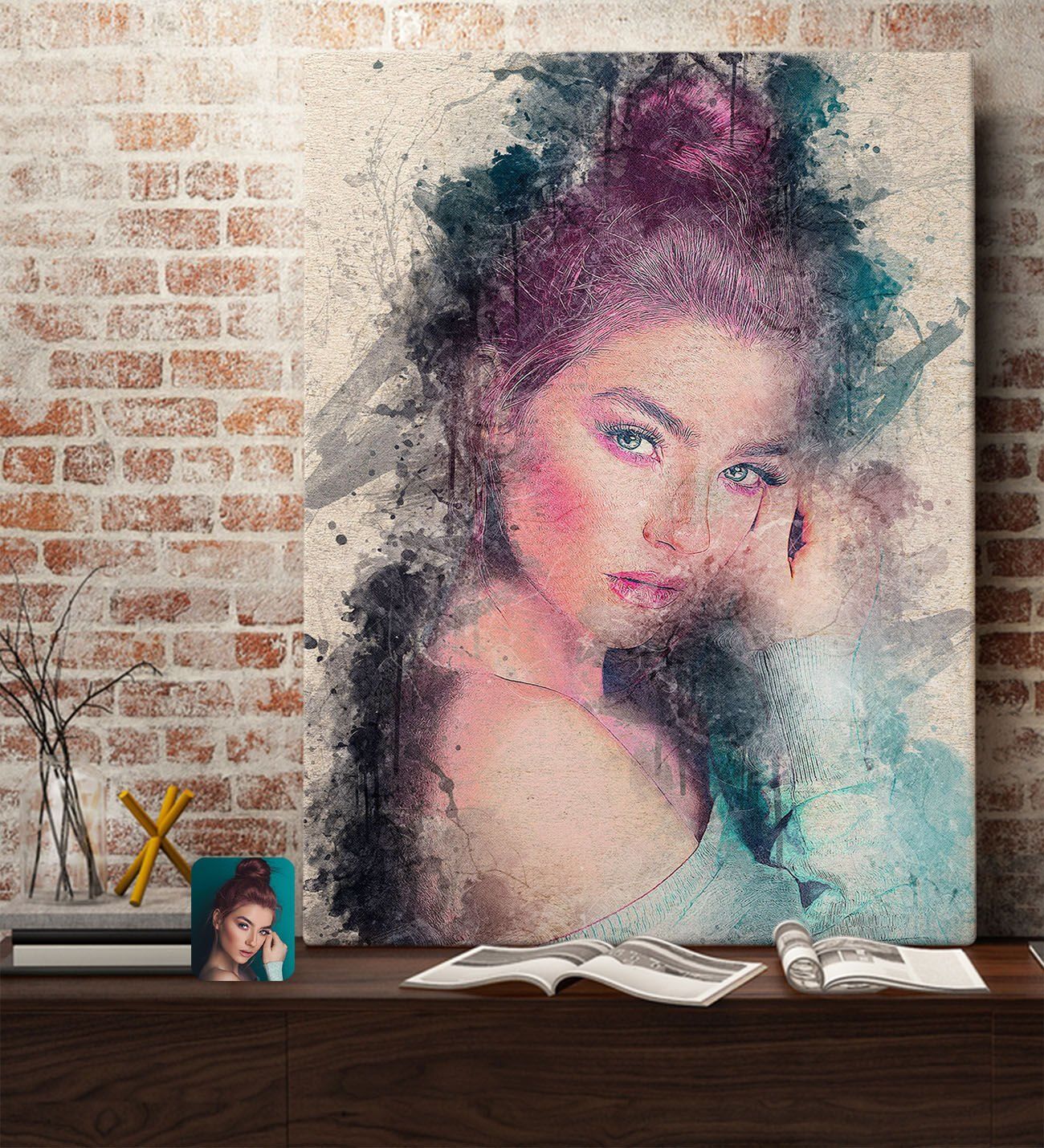 BK Gift Kişiye Özel Suluboya Kanvas Tablo 70x100cm, Suluboya Portresi, Duvar Dekoru, Arkadaşa Hediye, Sevgiliye Hediye, Ev ve Ofis Hediyesi