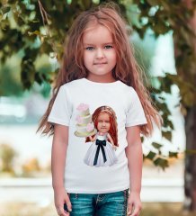 Kişiye Özel Kız Çocuk Doğum Günü Karikatürlü Beyaz T-Shirt-2