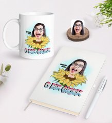 Kişiye Özel Kadınlar Günü Karikatürlü Beyaz Defter Kalem ve Kupa Seti-1