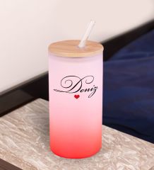 BK Gift İsimli Kırmızı Renk Pipetli Buzlu Cam Bardak 600ml - 5, Arkadaşa Hediye, Doğum Günü Hediyesi
