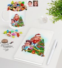 Kişiye Özel Yeni Yıl Kız Kardeş ve Erkek Kardeş Karikatürlü Beyaz Defter Kalem Kupa ve Haribo Şeker Hediye Seti-6