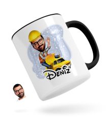 Kişiye Özel Erkek Yol Mühendisi Karikatürlü Siyah Kupa Bardak-1