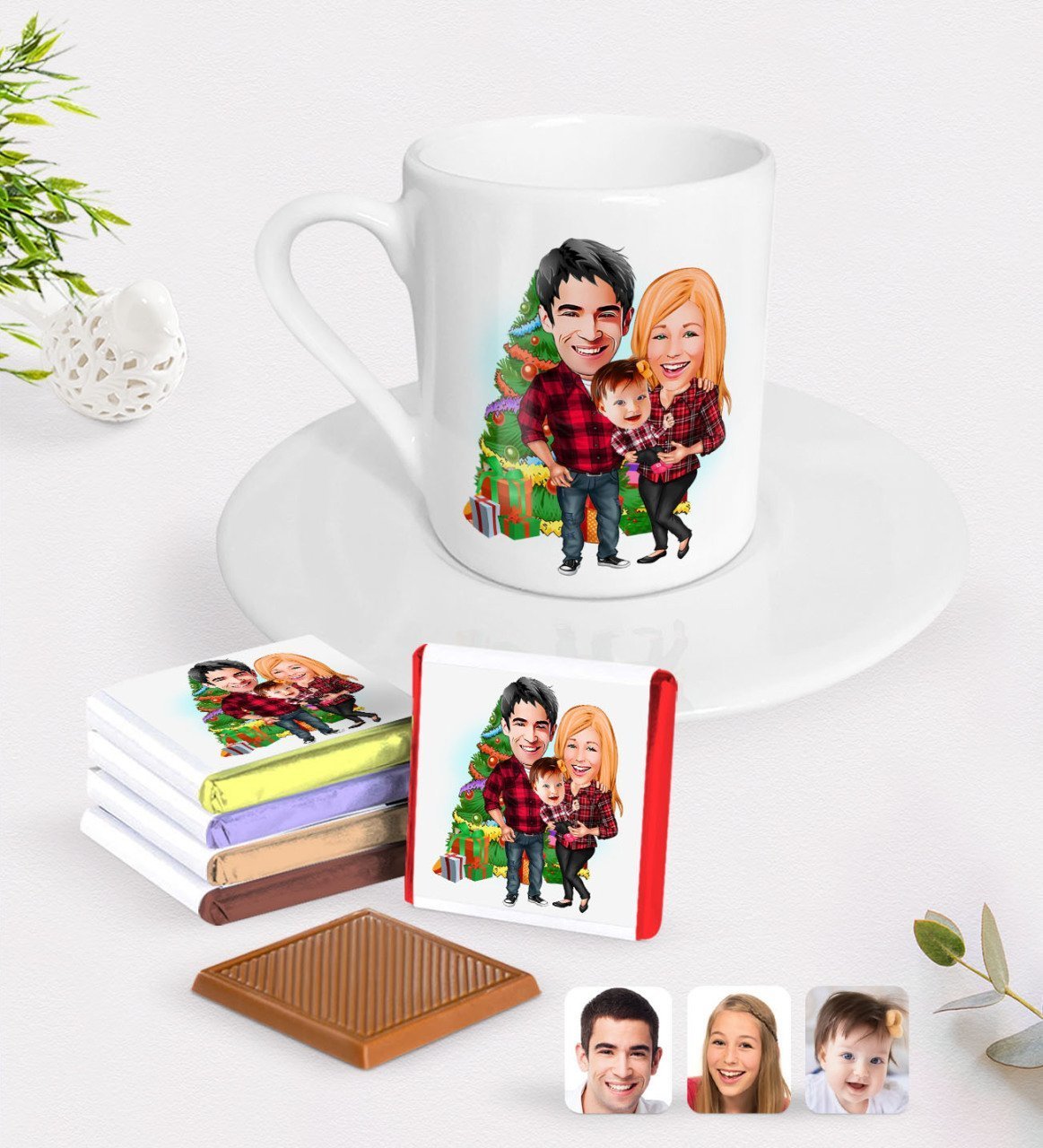 Kişiye Özel Yeni Yıl Aile Karikatürlü Türk Kahvesi Fincanı ve Çikolata Hediye Seti-4