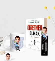 Kişiye Özel Erkek Kimya Öğretmeni Karikatürlü Beyaz Kupa Ahşap Kitap Ayracı ve Öğretmen Olmak Kitabı Hediye Seti-3