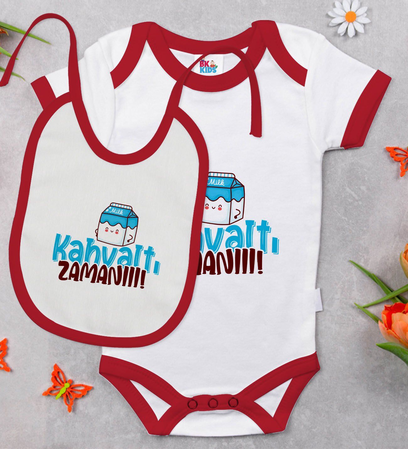 BK Kids Kahvaltı Zamanı Tasarımlı Kırmızı Bebek Body Zıbın ve Mama Önlüğü Hediye Seti-1
