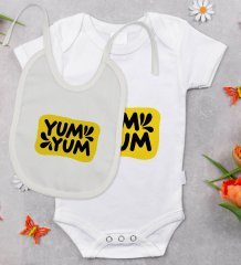 BK Kids Yum Yum Tasarımlı Bebek Body Zıbın ve Mama Önlüğü Hediye Seti - Model 1
