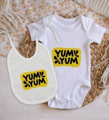 BK Kids Yum Yum Tasarımlı Bebek Body Zıbın ve Mama Önlüğü Hediye Seti - Model 1