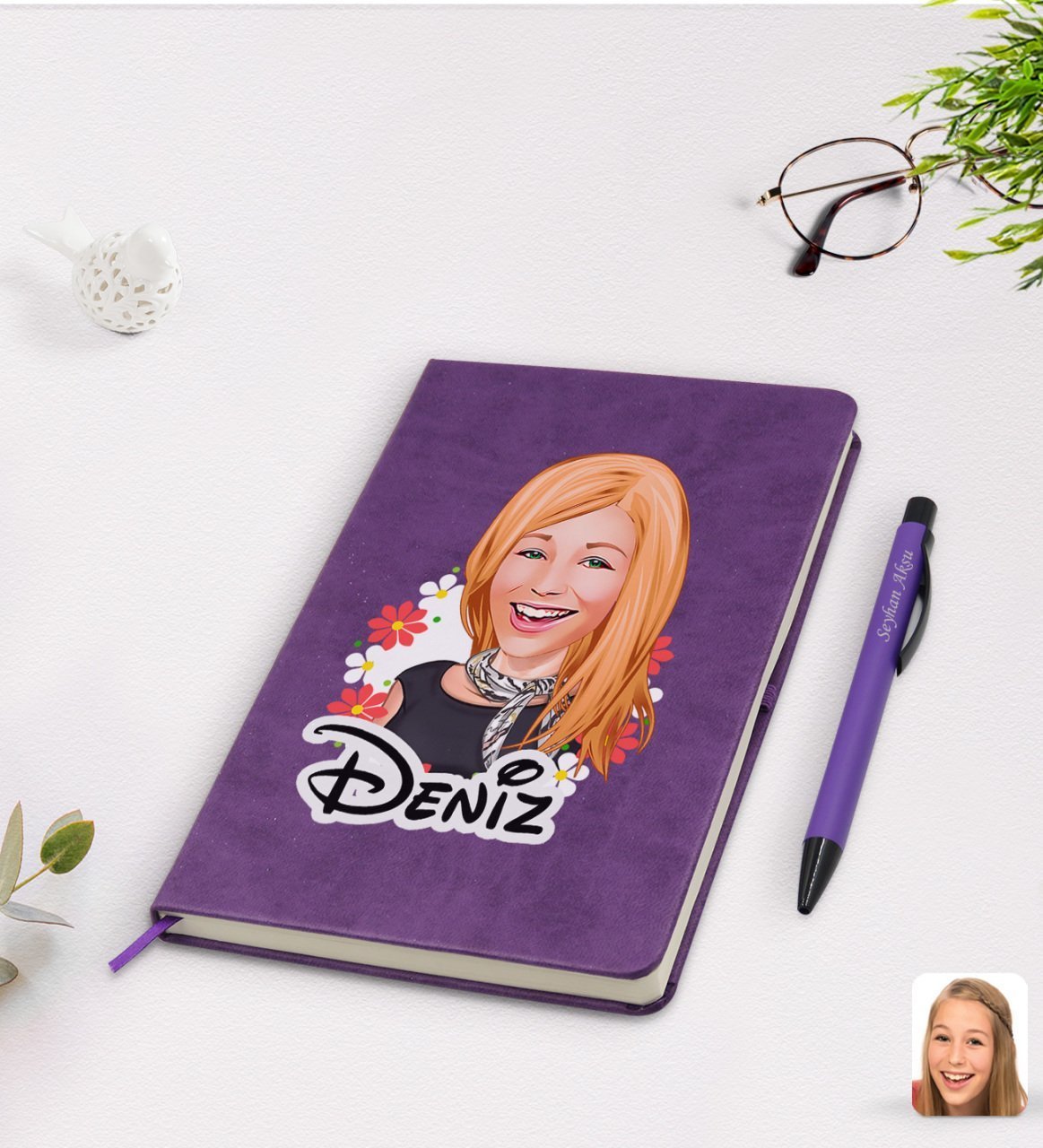 Kişiye Özel Kadın Karikatürlü Mor Termo Deri Defter Kalem Seti Model 51