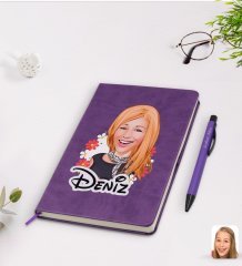 Kişiye Özel Kadın Karikatürlü Mor Termo Deri Defter Kalem Seti Model 51