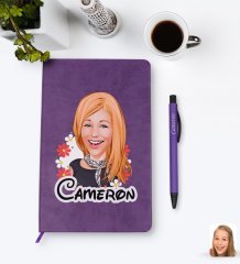 Kişiye Özel Kadın Karikatürlü Mor Termo Deri Defter Kalem Seti Model 51