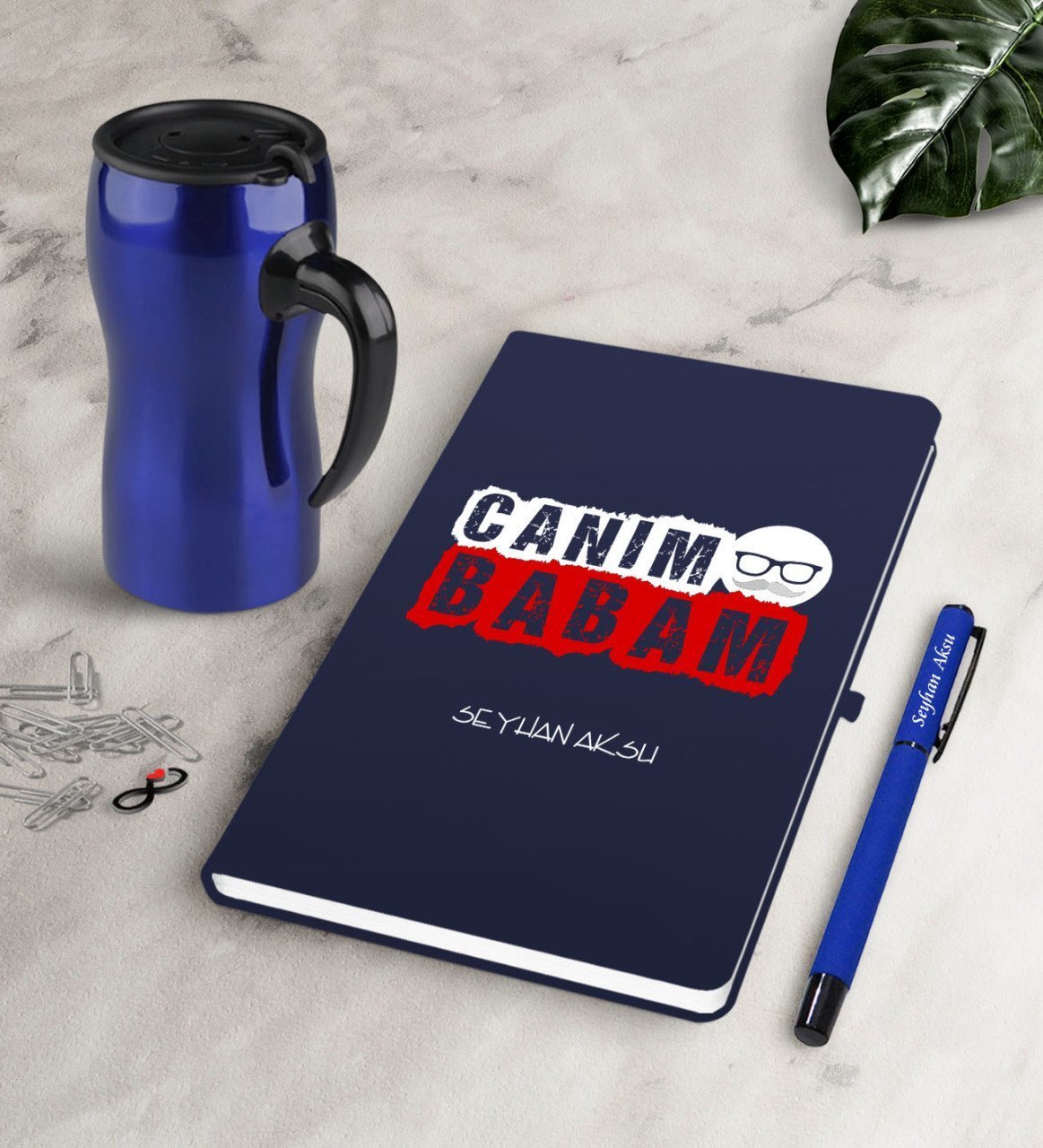Kişiye Özel Canım Babam Lacivert Defter Kalem Termos Mug Seti-6