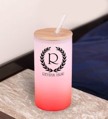 BK Gift İsimli Kırmızı Renk Pipetli Buzlu Cam Bardak 600ml - 4, Arkadaşa Hediye, Doğum Günü Hediyesi