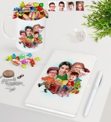 Kişiye Özel Yeni Yıl Aile Karikatürlü Beyaz Defter Kalem Kupa ve Haribo Şeker Hediye Seti-6