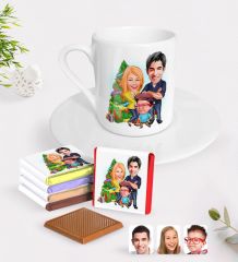 Kişiye Özel Yeni Yıl Aile Karikatürlü Türk Kahvesi Fincanı ve Çikolata Hediye Seti-3